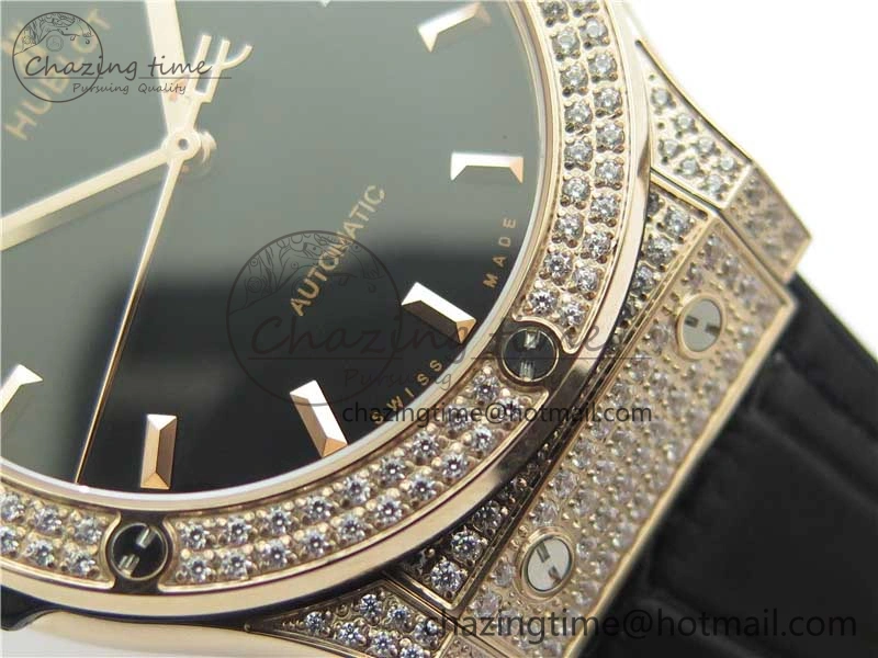 Classic Fusion 42mm RG Paved Diamonds Case Bezel B50F Black Dial On Gummy Strap A2892