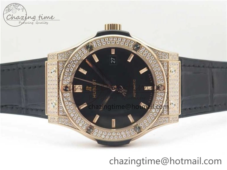 Classic Fusion 42mm RG Paved Diamonds Case Bezel B50F Black Dial On Gummy Strap A2892