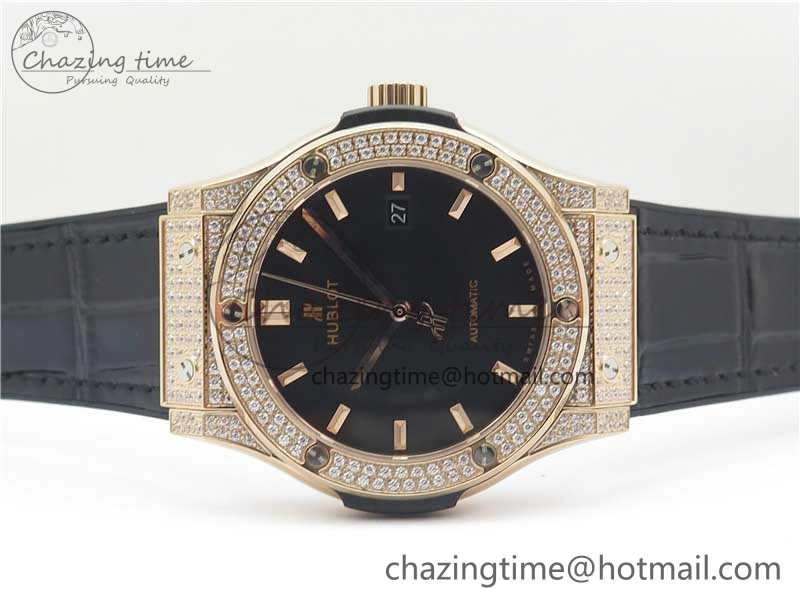 Classic Fusion 42mm RG Paved Diamonds Case Bezel B50F Black Dial On Gummy Strap A2892
