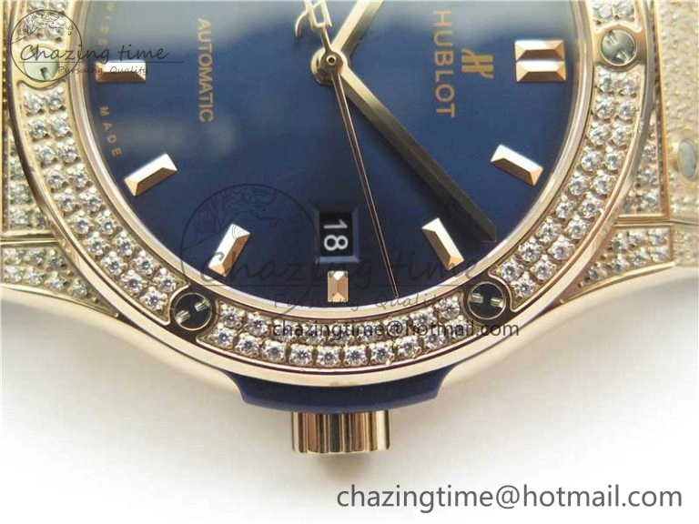 Classic Fusion 42mm RG Paved Diamonds Case Bezel B50F Blue Dial On Gummy Strap A2892