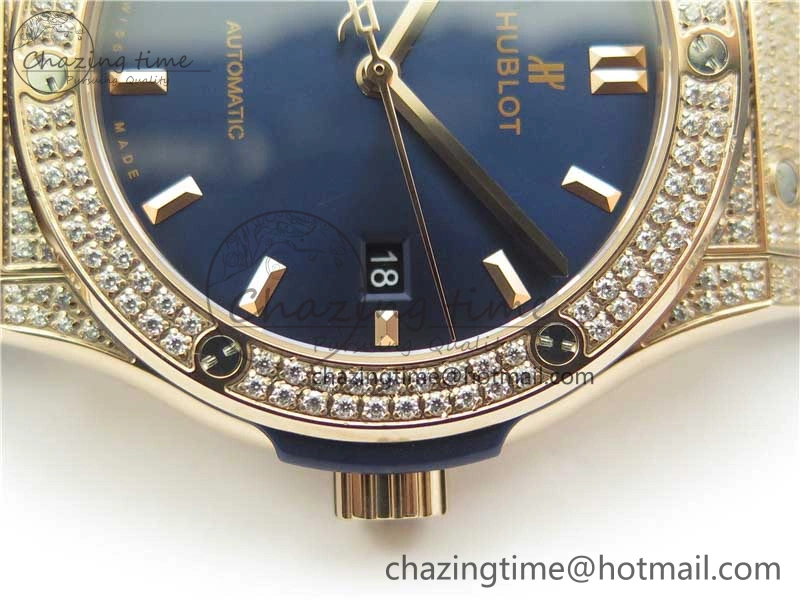 Classic Fusion 42mm RG Paved Diamonds Case Bezel B50F Blue Dial On Gummy Strap A2892