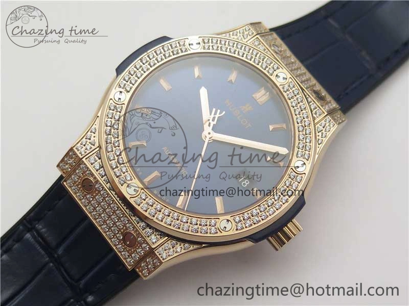 Classic Fusion 42mm RG Paved Diamonds Case Bezel B50F Blue Dial On Gummy Strap A2892