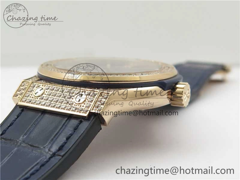 Classic Fusion 42mm RG Paved Diamonds Case Bezel B50F Blue Dial On Gummy Strap A2892