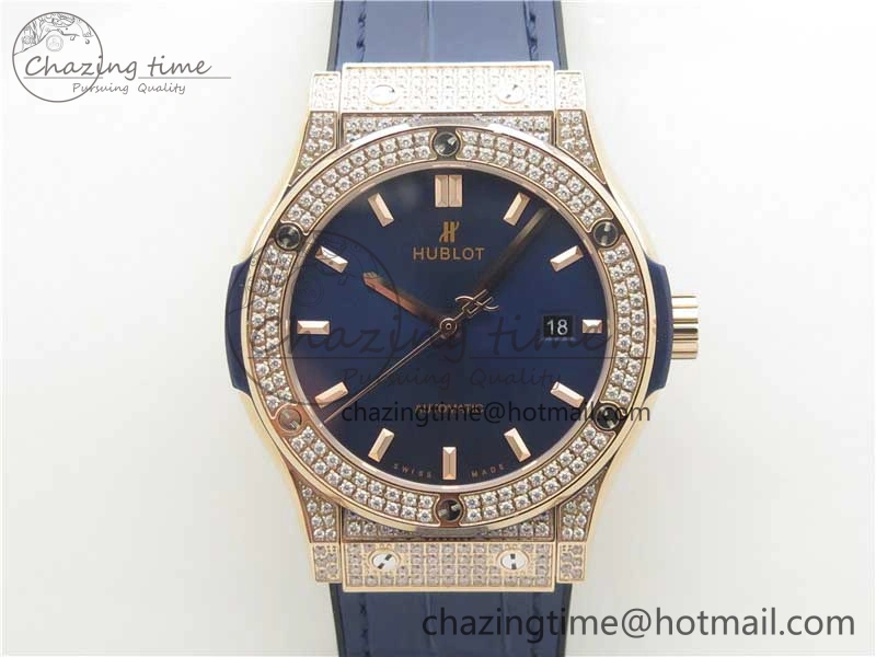 Classic Fusion 42mm RG Paved Diamonds Case Bezel B50F Blue Dial On Gummy Strap A2892
