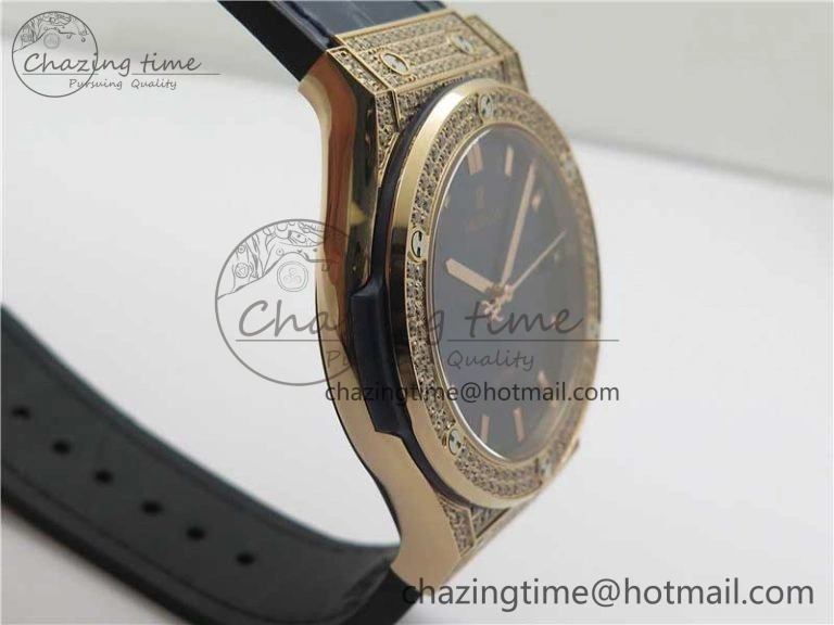 Classic Fusion 42mm RG Paved Diamonds Case Bezel B50F Blue Dial On Gummy Strap A2892