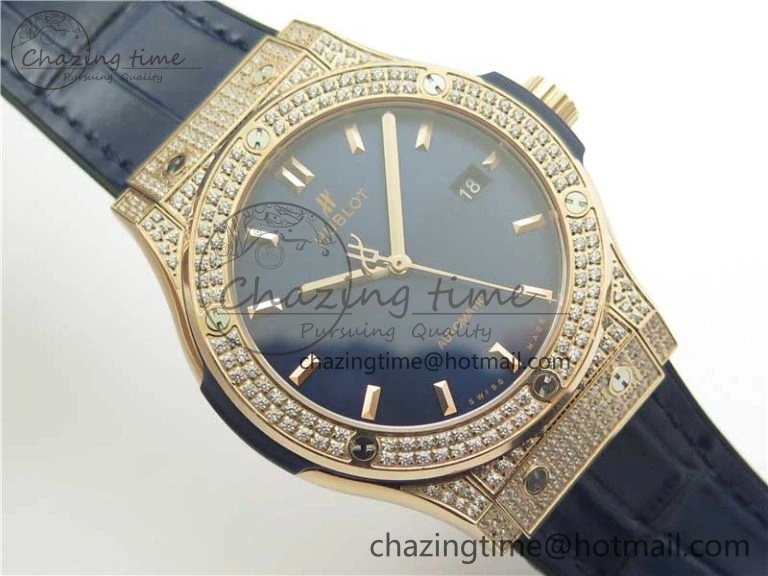 Classic Fusion 42mm RG Paved Diamonds Case Bezel B50F Blue Dial On Gummy Strap A2892