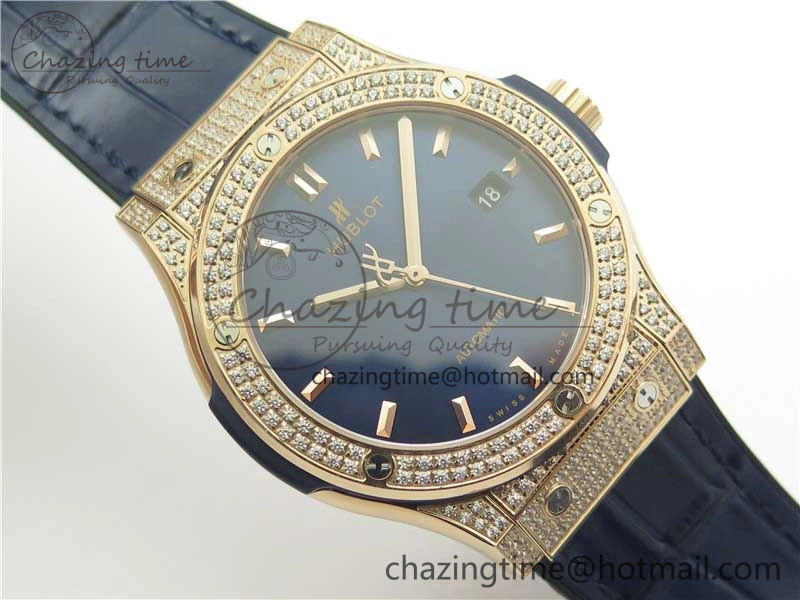 Classic Fusion 42mm RG Paved Diamonds Case Bezel B50F Blue Dial On Gummy Strap A2892