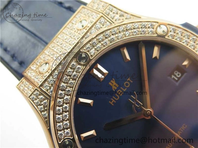 Classic Fusion 42mm RG Paved Diamonds Case Bezel B50F Blue Dial On Gummy Strap A2892