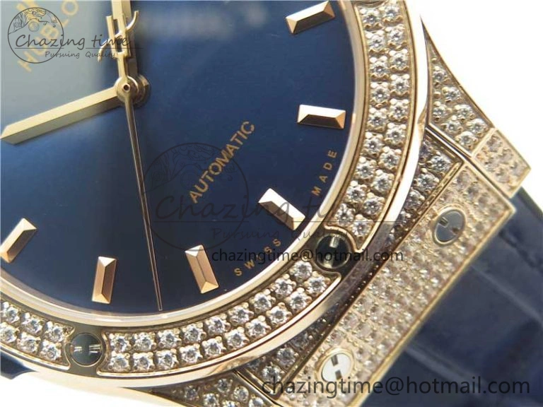 Classic Fusion 42mm RG Paved Diamonds Case Bezel B50F Blue Dial On Gummy Strap A2892