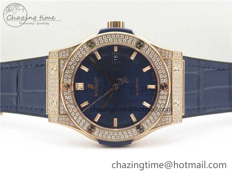 Classic Fusion 42mm RG Paved Diamonds Case Bezel B50F Blue Dial On Gummy Strap A2892