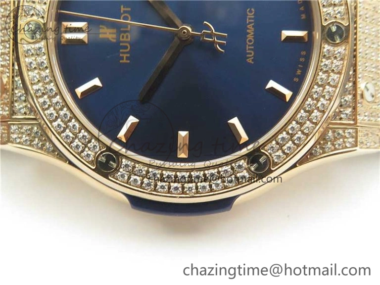 Classic Fusion 42mm RG Paved Diamonds Case Bezel B50F Blue Dial On Gummy Strap A2892