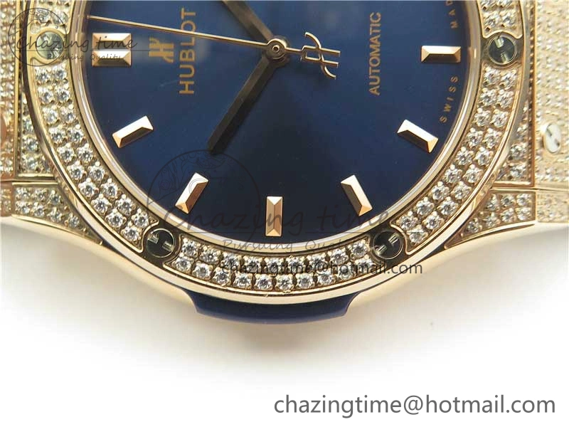 Classic Fusion 42mm RG Paved Diamonds Case Bezel B50F Blue Dial On Gummy Strap A2892