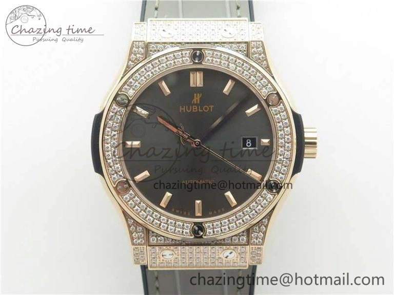 Classic Fusion 42mm RG Paved Diamonds Case Bezel B50F Gray Dial On Gummy Strap A2892