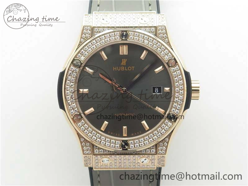 Classic Fusion 42mm RG Paved Diamonds Case Bezel B50F Gray Dial On Gummy Strap A2892