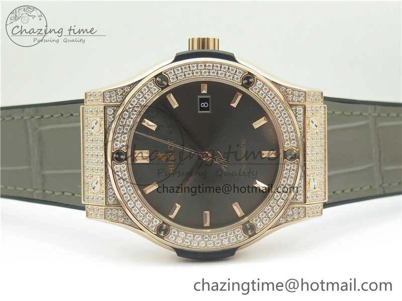 Classic Fusion 42mm RG Paved Diamonds Case Bezel B50F Gray Dial On Gummy Strap A2892