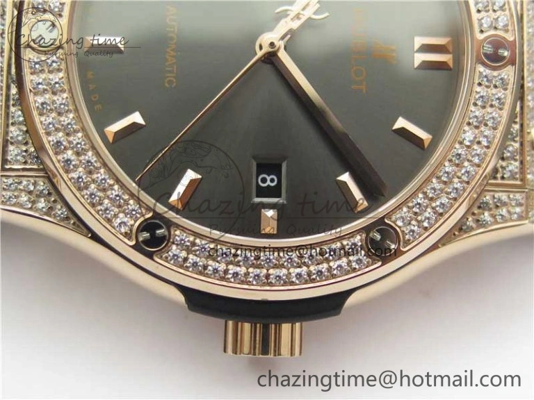 Classic Fusion 42mm RG Paved Diamonds Case Bezel B50F Gray Dial On Gummy Strap A2892