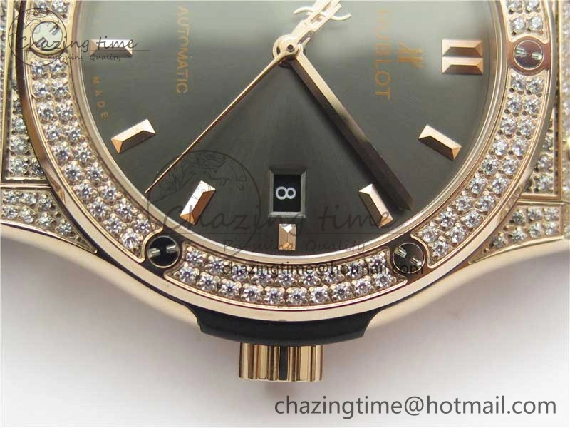 Classic Fusion 42mm RG Paved Diamonds Case Bezel B50F Gray Dial On Gummy Strap A2892