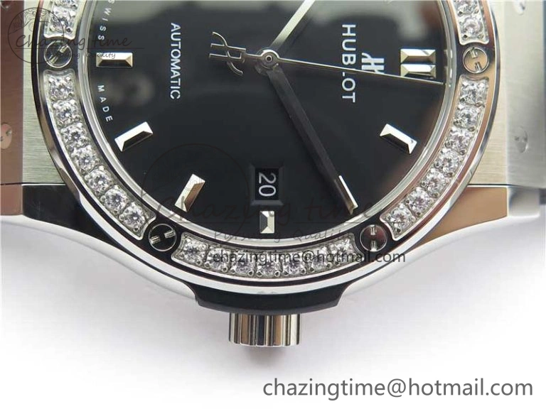 Classic Fusion 42mm SS Paved Diamonds Bezel B50F Black Dial On Gummy Strap A2892