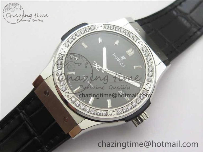 Classic Fusion 42mm SS Paved Diamonds Bezel B50F Black Dial On Gummy Strap A2892