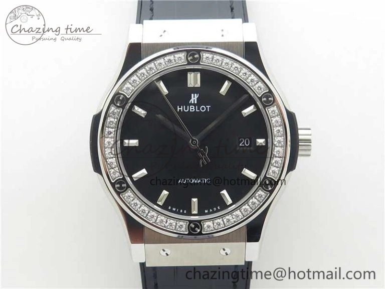 Classic Fusion 42mm SS Paved Diamonds Bezel B50F Black Dial On Gummy Strap A2892