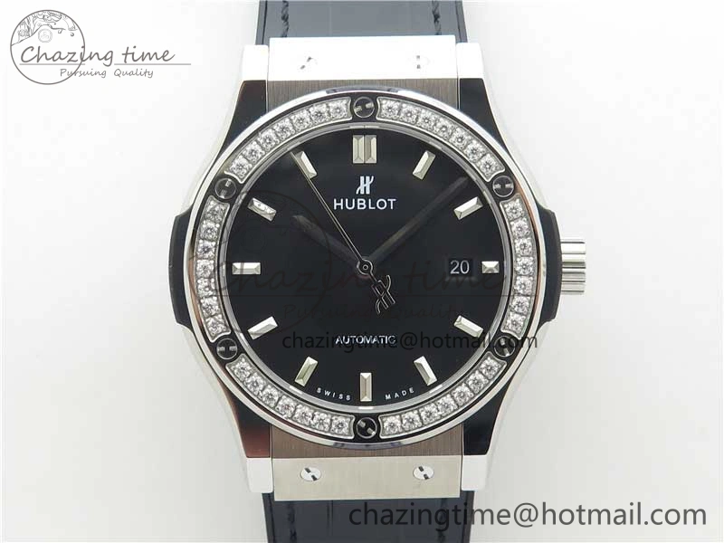 Classic Fusion 42mm SS Paved Diamonds Bezel B50F Black Dial On Gummy Strap A2892