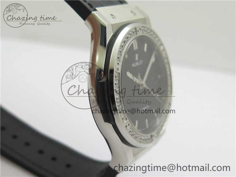 Classic Fusion 42mm SS Paved Diamonds Bezel B50F Black Dial On Gummy Strap A2892