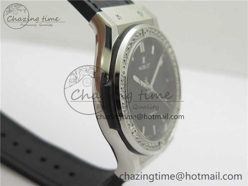 Classic Fusion 42mm SS Paved Diamonds Bezel B50F Black Dial On Gummy Strap A2892