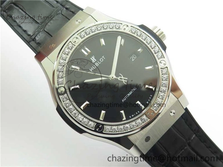 Classic Fusion 42mm SS Paved Diamonds Bezel B50F Black Dial On Gummy Strap A2892