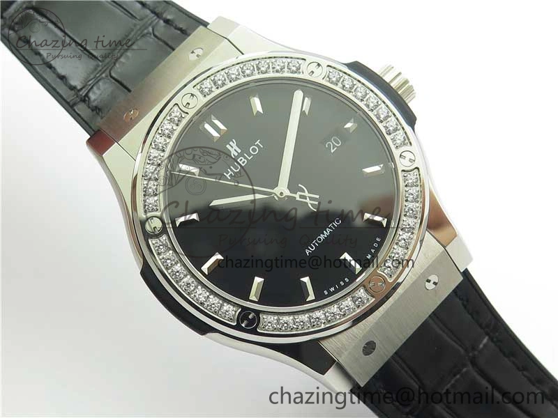 Classic Fusion 42mm SS Paved Diamonds Bezel B50F Black Dial On Gummy Strap A2892