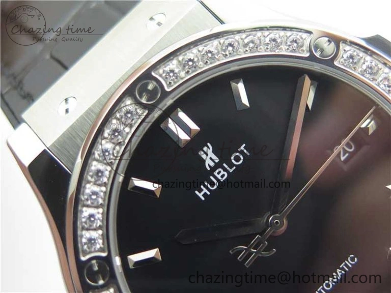 Classic Fusion 42mm SS Paved Diamonds Bezel B50F Black Dial On Gummy Strap A2892