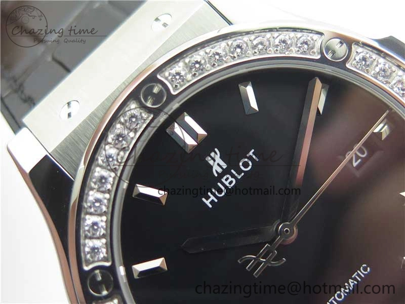 Classic Fusion 42mm SS Paved Diamonds Bezel B50F Black Dial On Gummy Strap A2892
