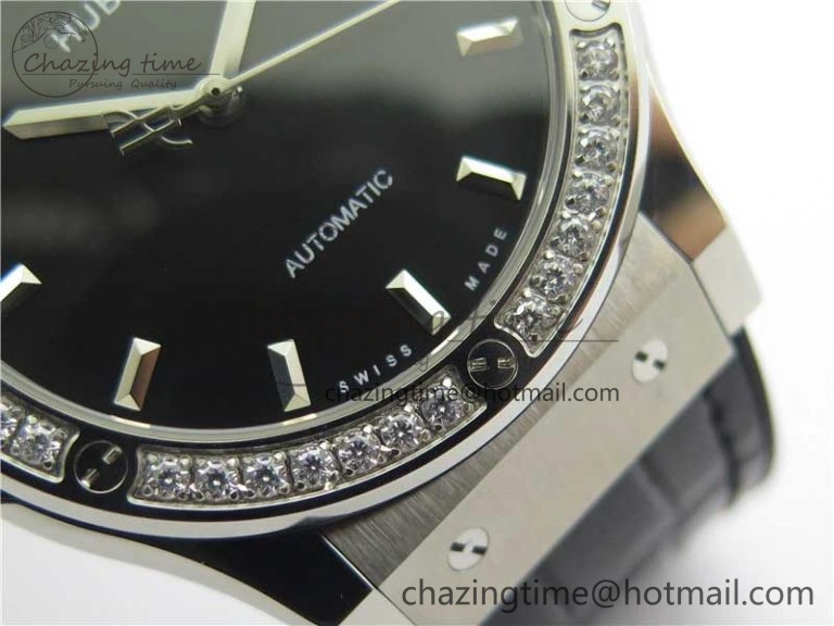Classic Fusion 42mm SS Paved Diamonds Bezel B50F Black Dial On Gummy Strap A2892
