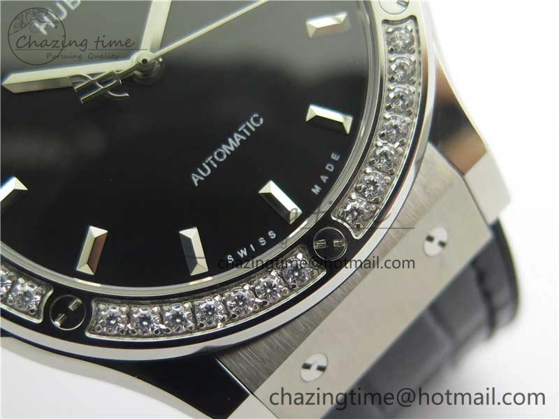 Classic Fusion 42mm SS Paved Diamonds Bezel B50F Black Dial On Gummy Strap A2892