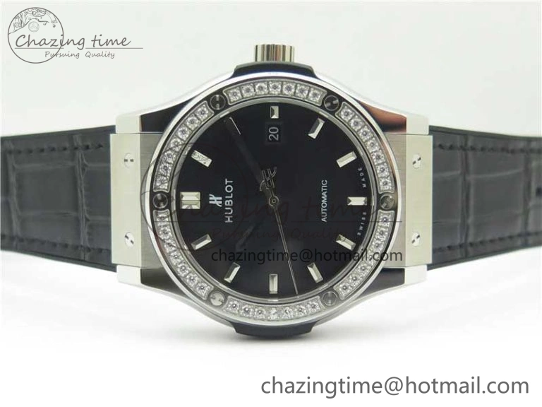 Classic Fusion 42mm SS Paved Diamonds Bezel B50F Black Dial On Gummy Strap A2892