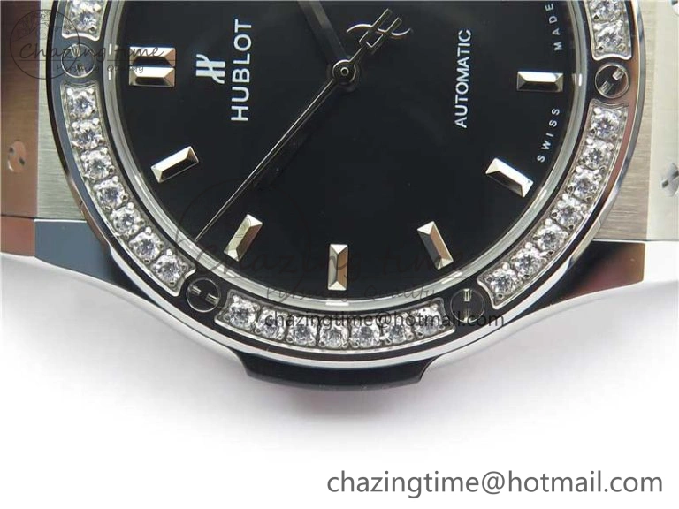 Classic Fusion 42mm SS Paved Diamonds Bezel B50F Black Dial On Gummy Strap A2892