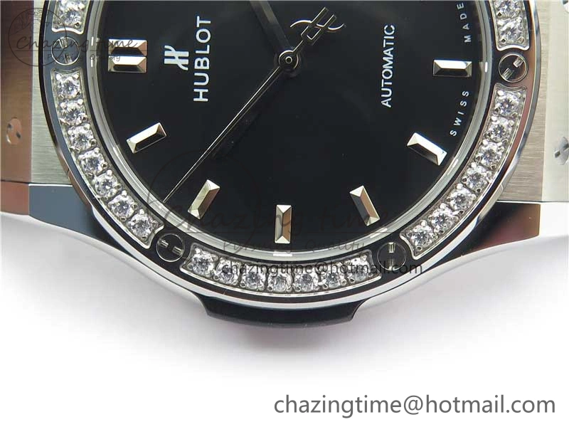 Classic Fusion 42mm SS Paved Diamonds Bezel B50F Black Dial On Gummy Strap A2892