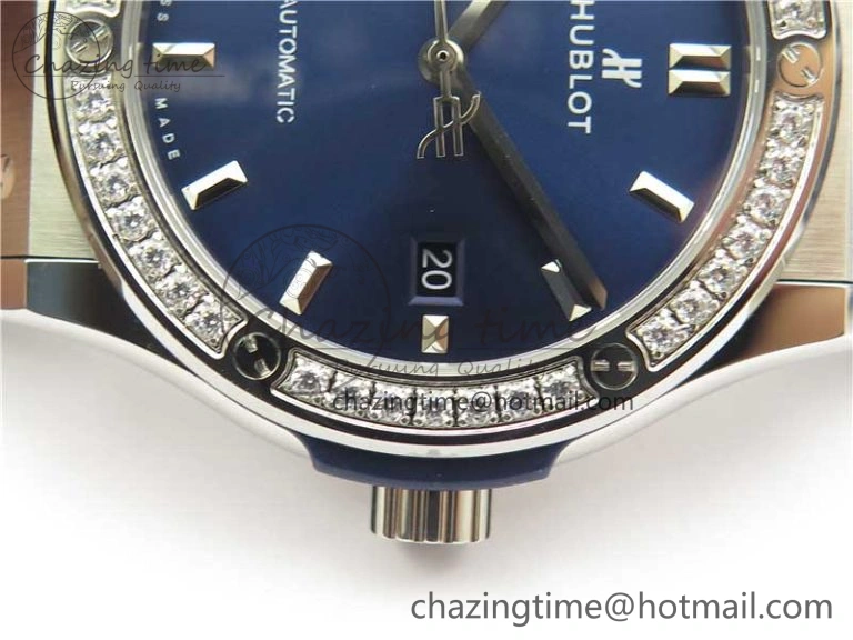 Classic Fusion 42mm SS Paved Diamonds Bezel B50F Blue Dial On Gummy Strap A2892