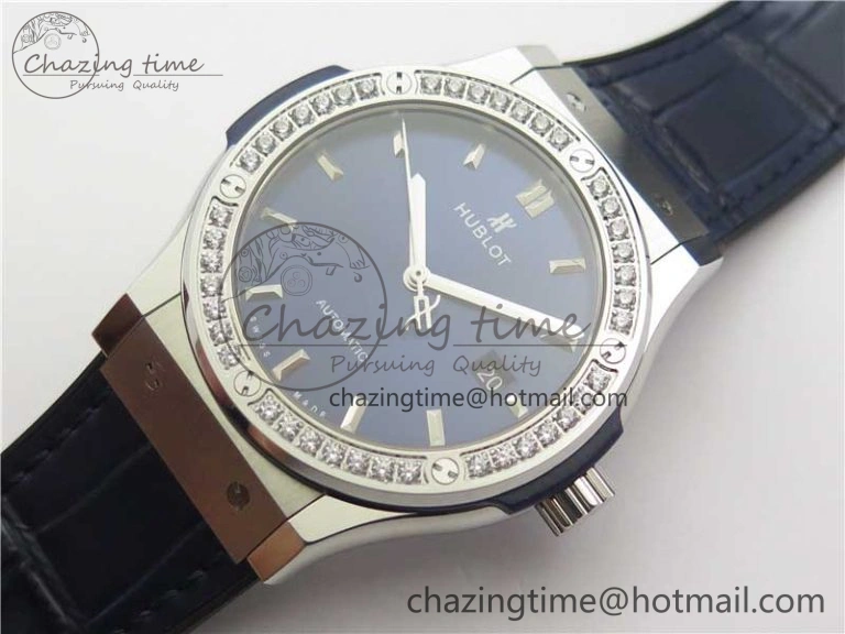 Classic Fusion 42mm SS Paved Diamonds Bezel B50F Blue Dial On Gummy Strap A2892