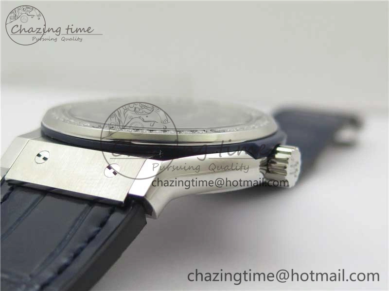Classic Fusion 42mm SS Paved Diamonds Bezel B50F Blue Dial On Gummy Strap A2892