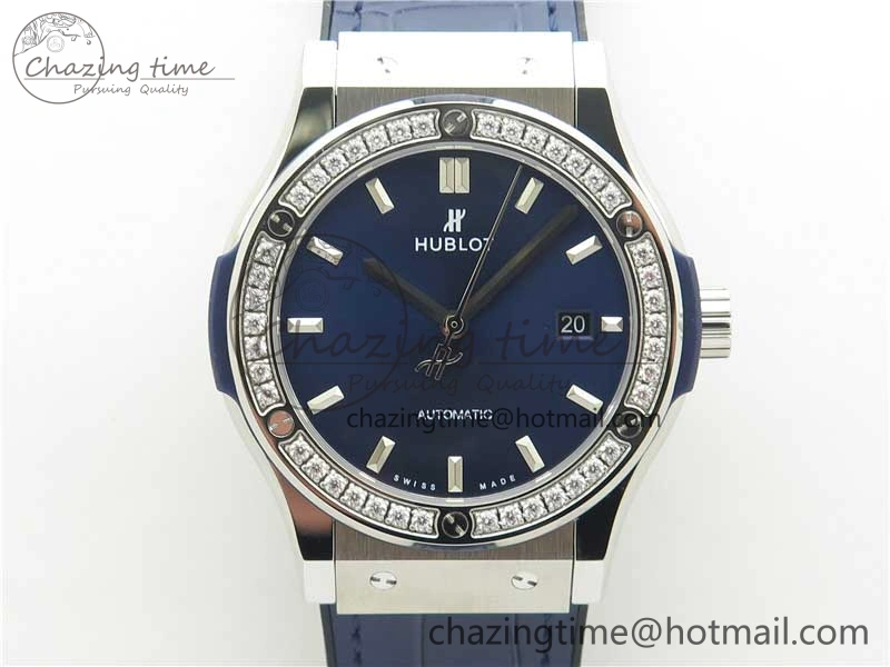Classic Fusion 42mm SS Paved Diamonds Bezel B50F Blue Dial On Gummy Strap A2892