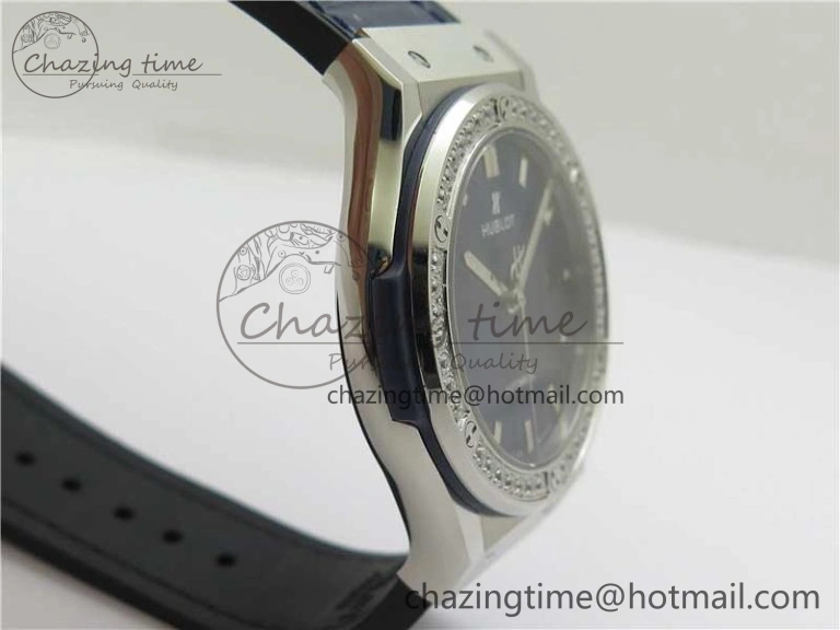 Classic Fusion 42mm SS Paved Diamonds Bezel B50F Blue Dial On Gummy Strap A2892