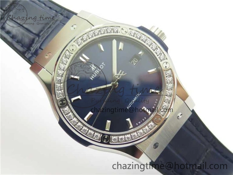 Classic Fusion 42mm SS Paved Diamonds Bezel B50F Blue Dial On Gummy Strap A2892