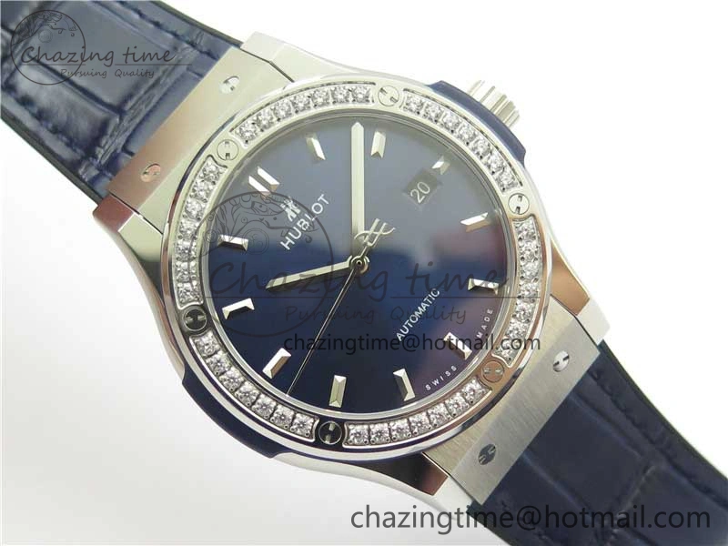Classic Fusion 42mm SS Paved Diamonds Bezel B50F Blue Dial On Gummy Strap A2892