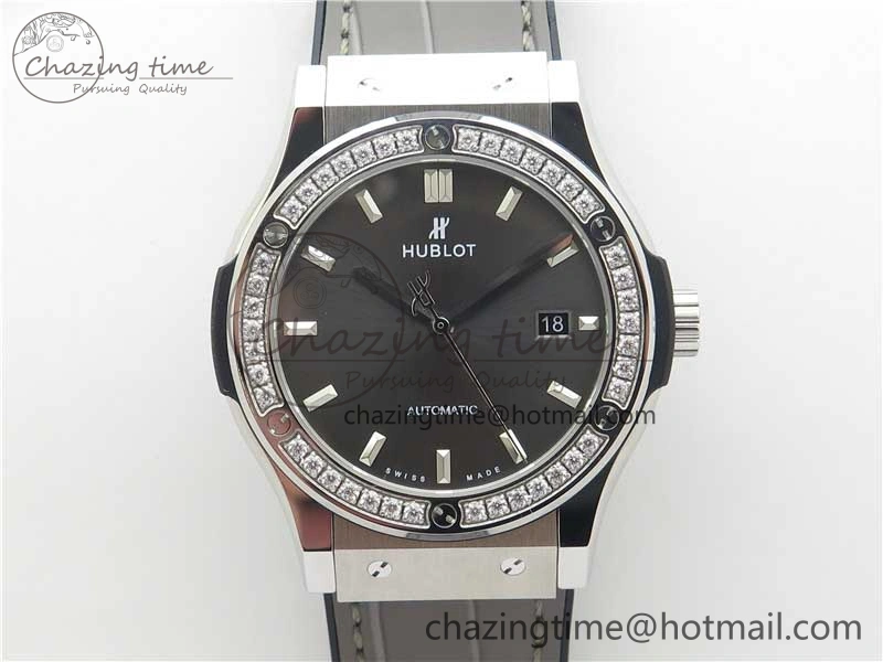Classic Fusion 42mm SS Paved Diamonds Bezel B50F Gray Dial On Gummy Strap A2892