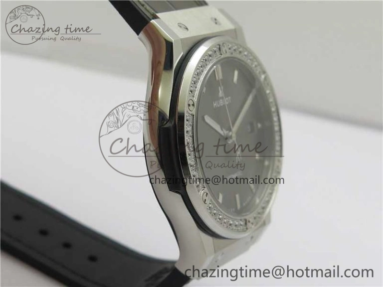 Classic Fusion 42mm SS Paved Diamonds Bezel B50F Gray Dial On Gummy Strap A2892