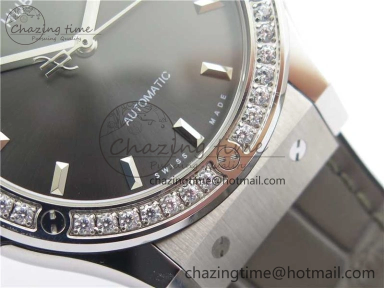 Classic Fusion 42mm SS Paved Diamonds Bezel B50F Gray Dial On Gummy Strap A2892