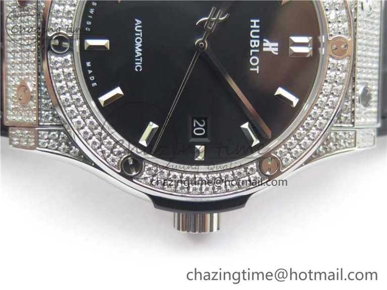 Classic Fusion 42mm SS Paved Diamonds Case Bezel B50F Black Dial On Gummy Strap A2892