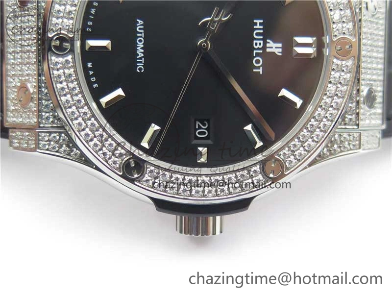 Classic Fusion 42mm SS Paved Diamonds Case Bezel B50F Black Dial On Gummy Strap A2892