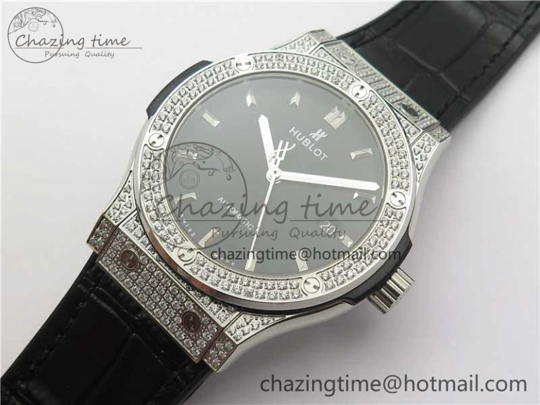 Classic Fusion 42mm SS Paved Diamonds Case Bezel B50F Black Dial On Gummy Strap A2892