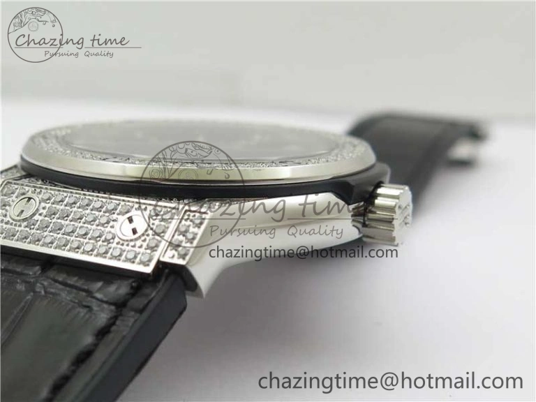 Classic Fusion 42mm SS Paved Diamonds Case Bezel B50F Black Dial On Gummy Strap A2892